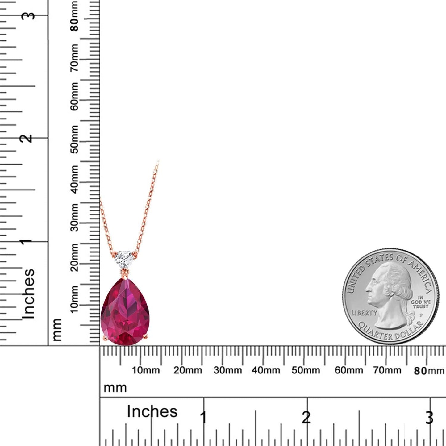 18K Rose Gold Plated Silver Pear Shape Red Created Ruby Pendant Necklace for Women 13.77 Cttw, with 18 Inch Chain)