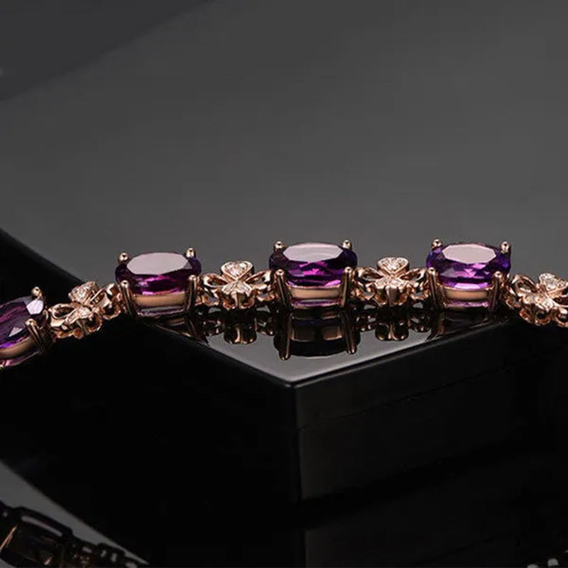 Fashion Amethyst Flower Pendant Necklace Water Drop Cubic Ziconia Earrings Four Leaf Clover Bracelet Double Heart Open-End Ring Jewelry Set For Women Gift