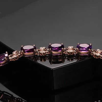 Fashion Amethyst Flower Pendant Necklace Water Drop Cubic Ziconia Earrings Four Leaf Clover Bracelet Double Heart Open-End Ring Jewelry Set For Women Gift