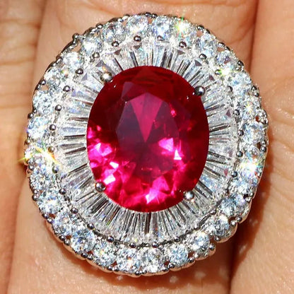 Luxurious  Silver Natural Gemstones Ruby And White Sapphire Wedding Birthstone Bride Engagement Multilevel Square Ring Jewelry Size 6 7 8 9 10
