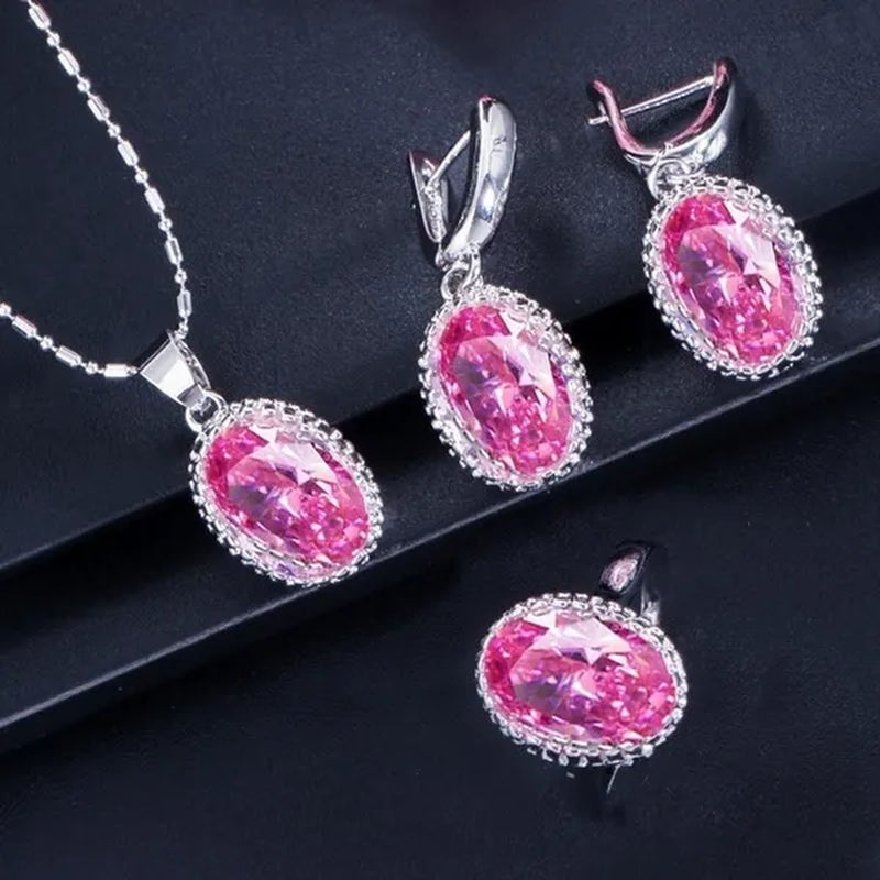 CANDICE Romantic Round Shaped Purple Crystal Sterling Silver Plated Jewelry Set For Party Necklace Earrings Ring Sets（US 6-9)
