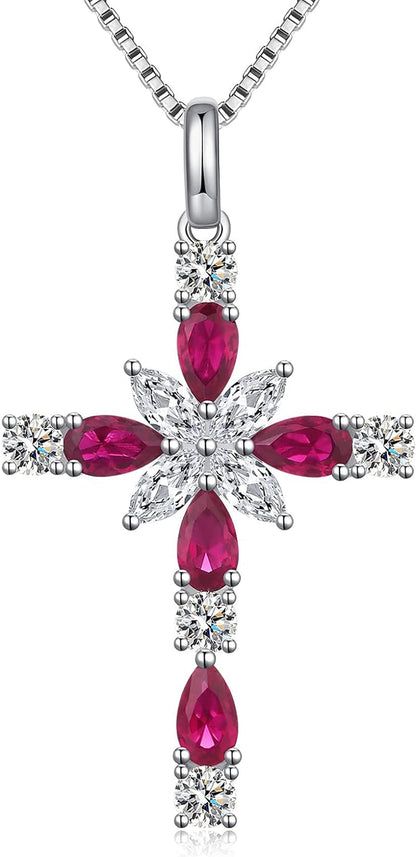 Star Cross Necklace for Women 925 Sterling Silver Infinity Cross Pendant with Birthstone Cubic Zirconia, Cross Jewelry Gift for Women Mom Girlfriend, with Gift Box