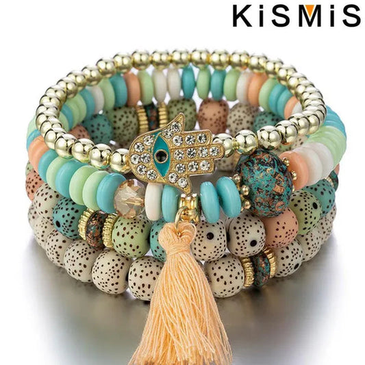 KISMIS 4Pcs/Set Bohemian Mix Bead Multi Layer Versatile Statement Bracelet Stackable Beaded Strand Stretch Bangles Sparkly Crystals Tassel Charms 1Set or 2Sets Optional