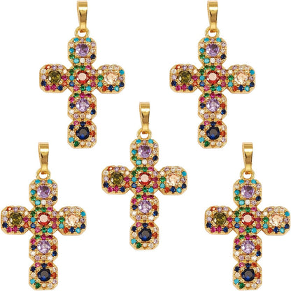 5 Pieces Cross Cubic Zirconia Charm Pendants Brass Cross Charm Real 16K Gold Plated for Jewelry Necklace Bracelet Making Crafts