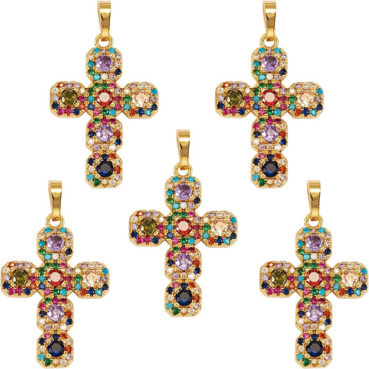 5 Pieces Cross Cubic Zirconia Charm Pendants Brass Cross Charm Real 16K Gold Plated for Jewelry Necklace Bracelet Making Crafts