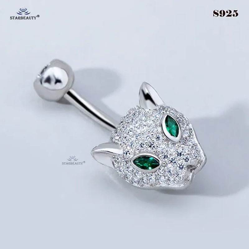 Starbeauty 1 Piece 1.6x6/8/10mm Luxury 925 Sterling Silver Navel Ring Accessories Green Eye Leopard Belly Piercing Ombligo Crystal Zircon Belly Button Rings Navel Pierc Jewelry