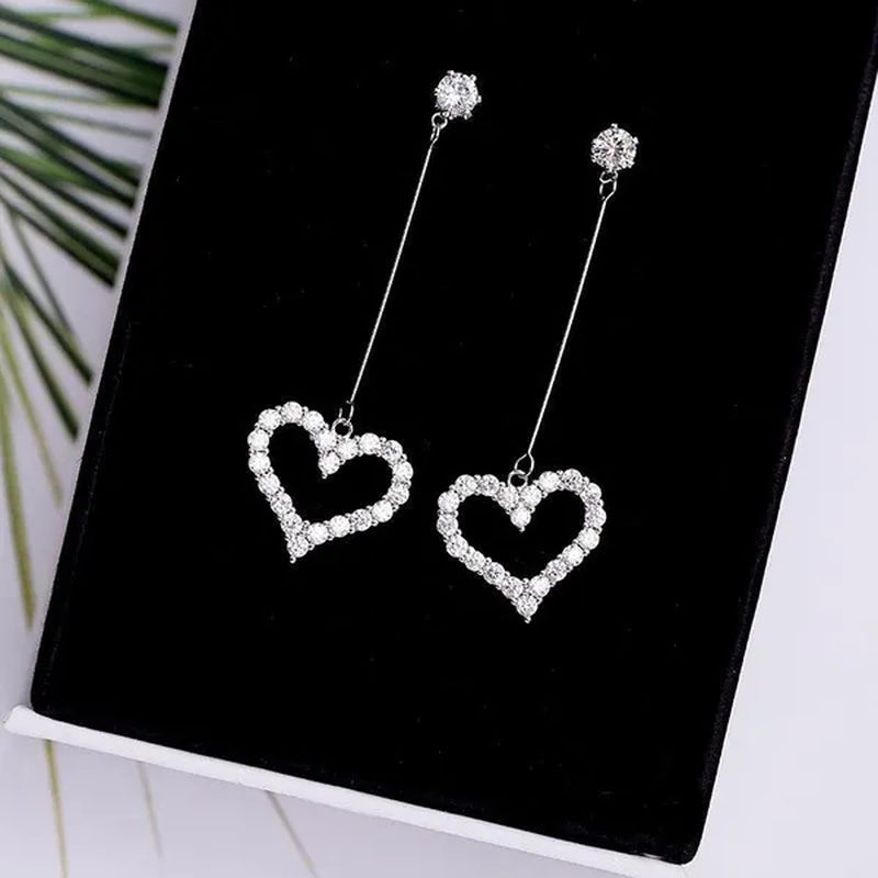New Exquisite Korean Women'S Fashion Diamond Long Tassel Heart-Shaped Pendant Earrings Jewelry Gift