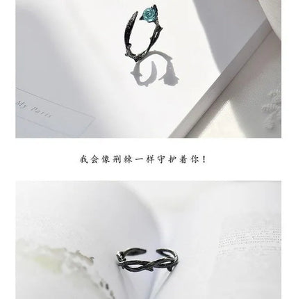 Black Rose Bud Creative Lovers Silver Ring and Ring Thorn Personality Opening Lovers Ring Couple Ring