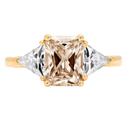 2.82Ct Emerald Cut Brown Champagne Simulated Diamond 14K Yellow Gold Engraving Statement Anniversary Engagement Wedding 3 Stone Ring Size 7
