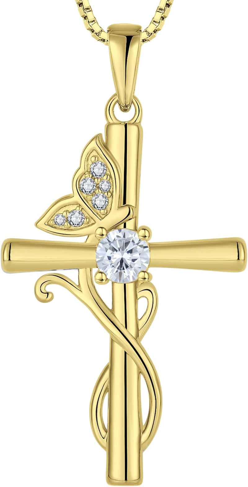 Butterfly Cross Necklace 925 Sterling Silver Crucifix Pendant Birthstone Jewelry for Women