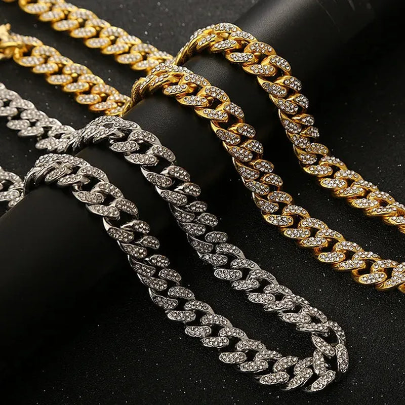 13MM Men's Hip Hop Necklace or Bracelet,Iced Out Bling Rhinestones Miami Cuban Link Chain Necklace Bracelet Set Jewelry Gifts