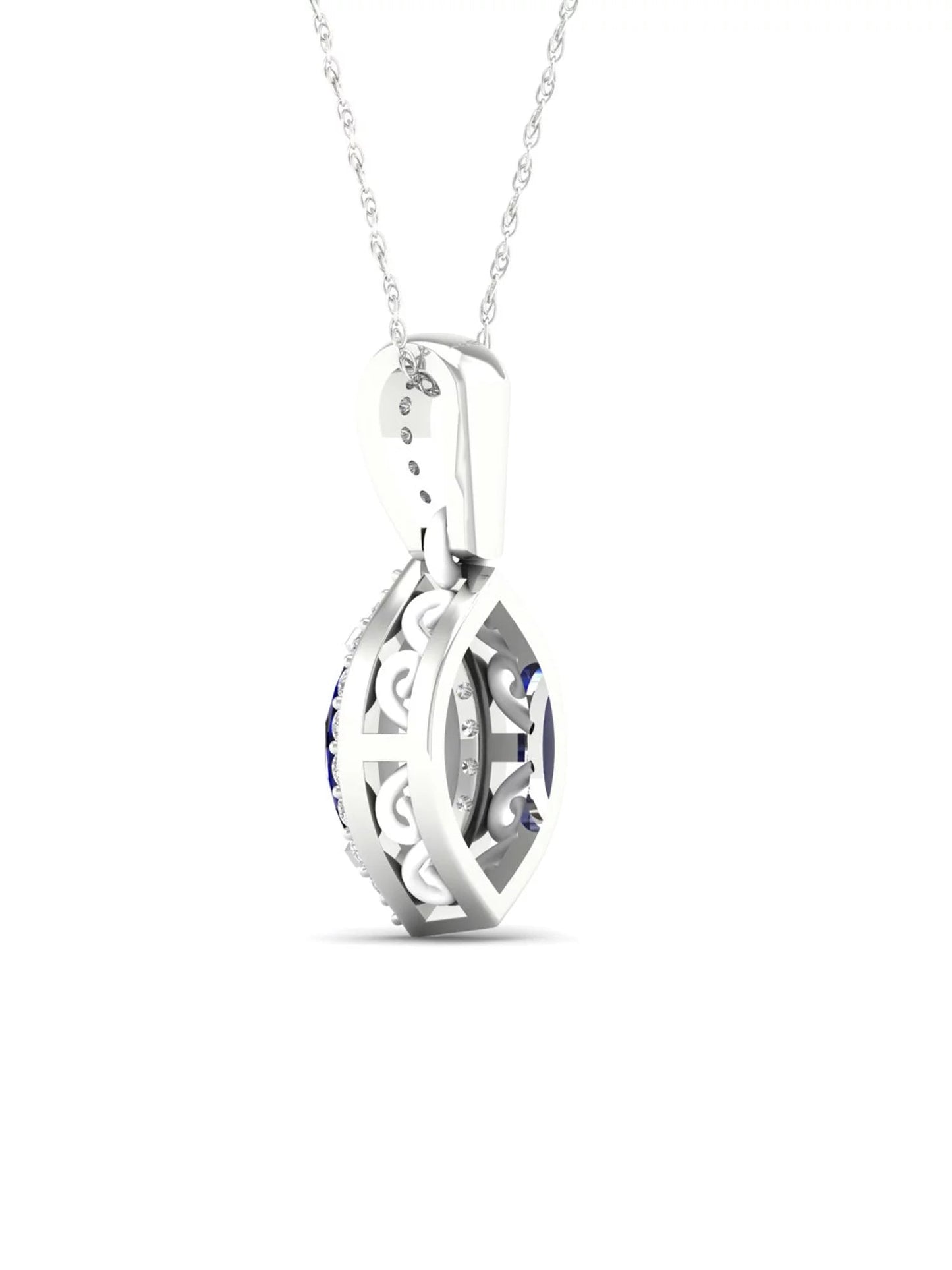 Gemstone 10K White Gold Marquise Cut Blue Sapphire 1/20 CT TW Diamond Halo Pendant Necklace