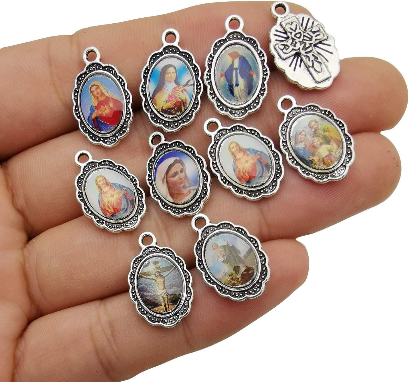 50Pcs Antique Silver Picture Jesus Enamel Our Lady Miraculous Medal Floral Rosary Centerpiece Alloy Crucifix Cross Mother'S Day Pendants Charms for Jewelry Making (M218)