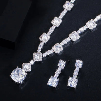 CANDICE Fashion Modern Bridal Party Jewelry White Cubic Zirconia with Exquisite Red Stone Square Drop Necklace Earrings Set for Brides