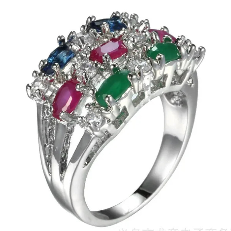 New Brand Gorgeous  Ruby Sapphire Emerald -plated Ring Engagement Fashion Jewelry