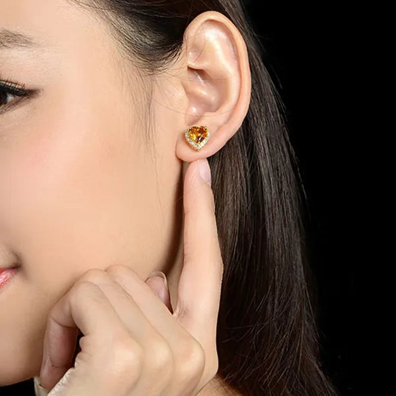 Romantic 18k Golden Plated Copper Setting Heart Shape Citrine  Jewelry Set Love Shape Pendant Necklace Heart Micro Inlaid Cubic Zirconia Stud Earrings Butterfly Open-End Ring Flower Bracelets for Women Gifts