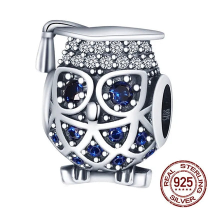 Cute 925 Sterling Silver CZ Animal Bead Charm Fine Glasses Champion Owl Bracelet Charm Fit Original Bracelet DIY