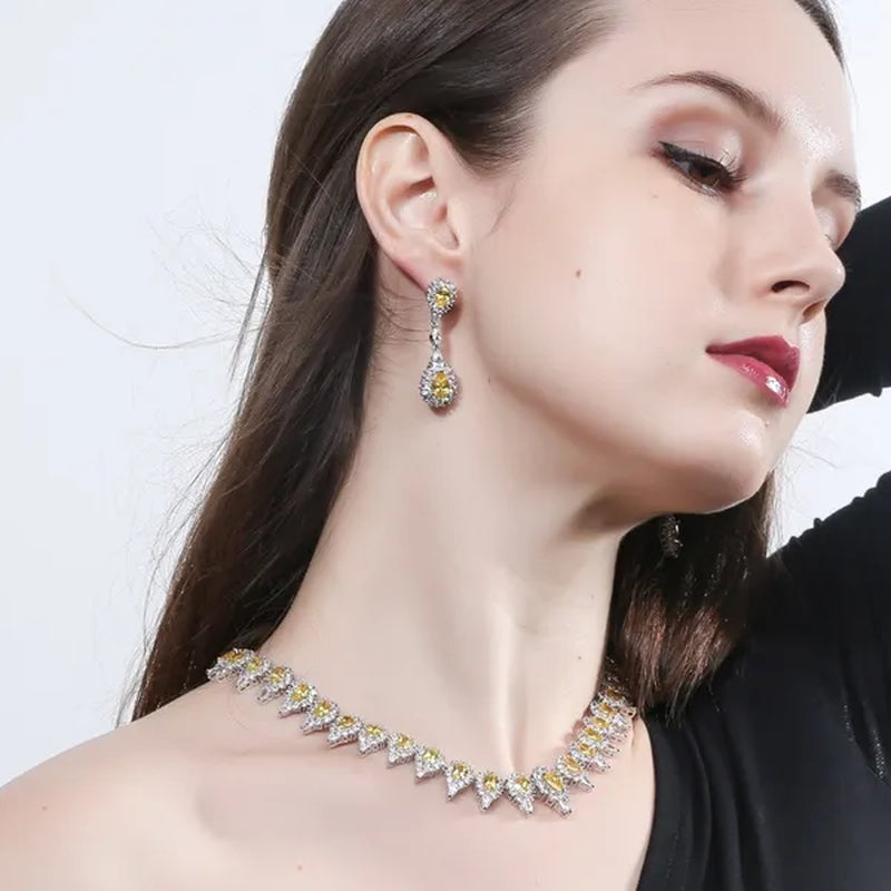 CANDICE Stunning Pave Yellow Citrine Luxury Jewelry Pear Shape CZ Crystal Choker Necklace And Earrings Bride Set for Women Party Wedding Accessories