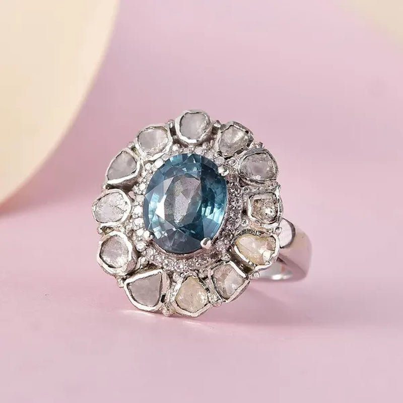 Shop LC Gifts 925 Sterling Silver 4.2 Ct Oval Ratanakiri Blue Zircon Birthstone Real Polki Diamond Cocktail Halo Ring Platinum Plated Engagement Anniversary Wedding Bridal For Her Size 6