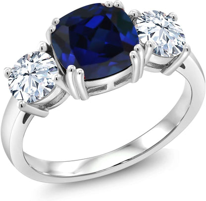 925 Sterling Silver Blue Simulated Sapphire and White Zirconia 3 Stone Engagement Ring for Women (4.00 Cttw, Gemstone September Birthstone, Cushion 8MM, Available in Size 5,6,7,8,9)