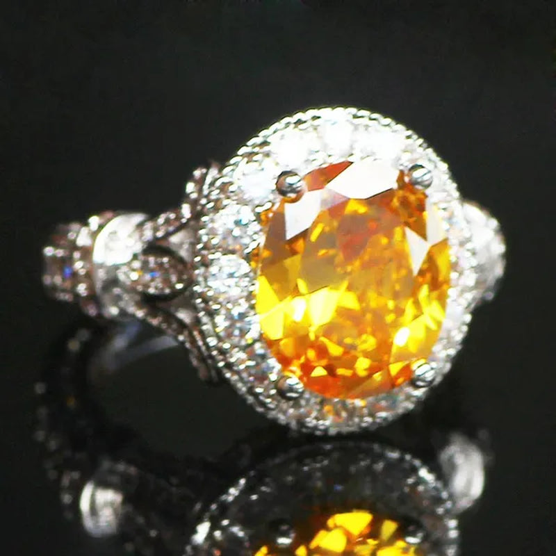 Luxurious Silver Natural Gemstones Yellow Diamond Topaz Wedding Birthstone Bride Flower Engagement Ellipse Ring Jewelry Size 678910