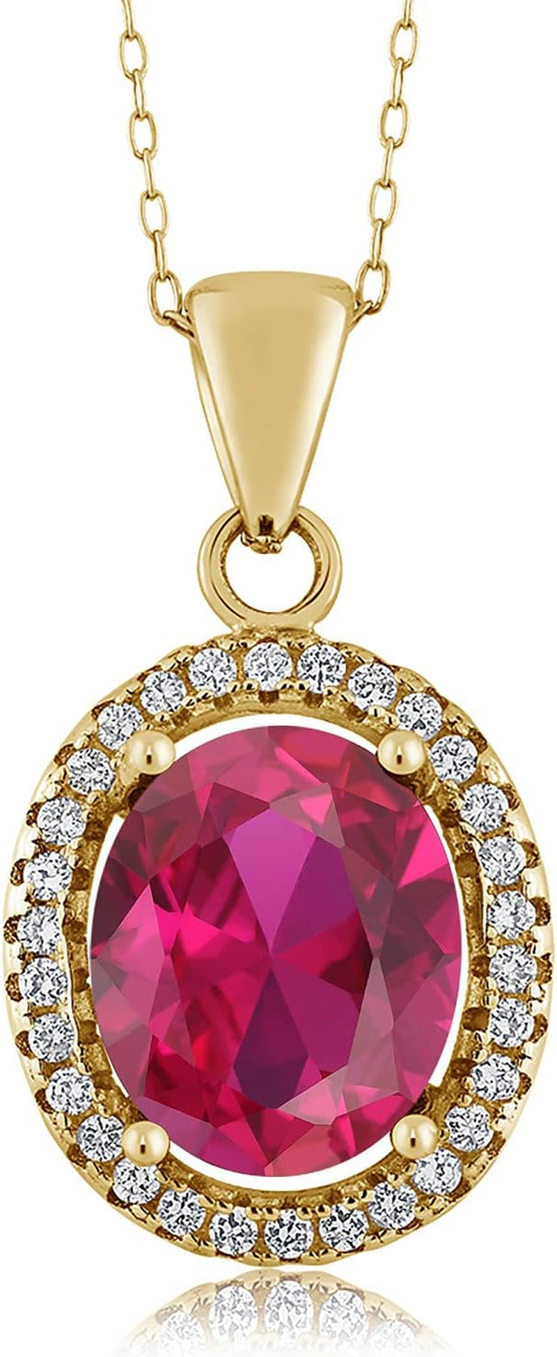18K Yellow Gold Plated Silver Red Created Ruby Pendant Necklace for Women (4.40 Cttw, Oval 11X9MM, with 18 Inch Chain)