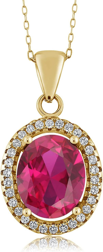 18K Yellow Gold Plated Silver Red Created Ruby Pendant Necklace for Women (4.40 Cttw, Oval 11X9MM, with 18 Inch Chain)