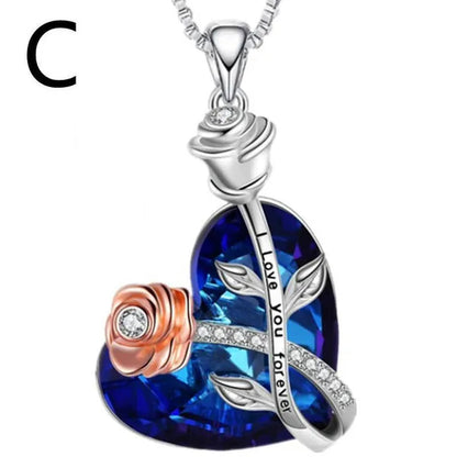 Fashion Heart Blue Crystal Necklace Double Layer Rose Zircon Pendant Engagement Necklaces for Women Rose Jewelry Birthday Party Anniversary Gift