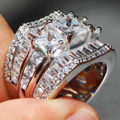 Luxury Silver White Sapphire Flower Ring Natural Gemstones Birthstone Engagement Rings Wedding Anniversary Bride Women Man Princess Cross Ring Size 6 7 8 9 10