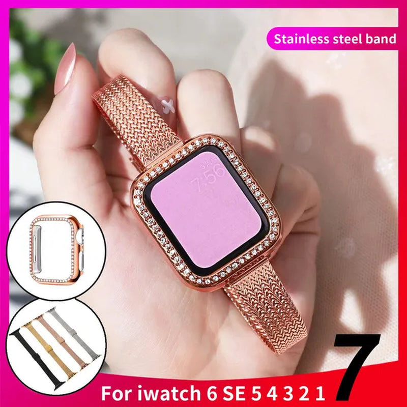 Slim Metal mesh belt Loop+Diamond Case for Apple Watch 7 Band 42mm 44mm Women's Strap on Smart Iwatch Bracelet Series 7 SE 65432 41mm 45mm