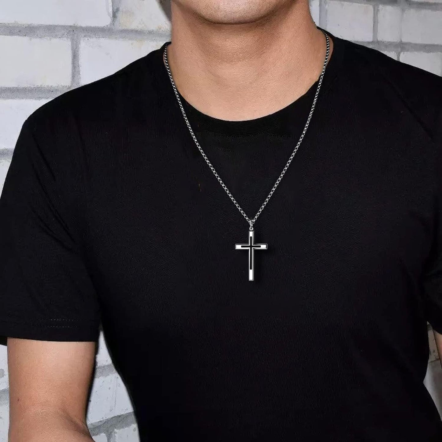 Black Cross Necklaces Sterling Silver Cross Pendant Polished Long Necklace Fine Jewelry Christmas Gift for Men,Stainless Steel Box Chain Length 24''