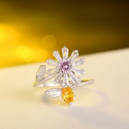 Flower Bees Silver Multicolor Creative Sweet Cute Princess Rings Daisy Opening Ring Adjustable Ring Anniversary Statement Natural Gemstones Pink Sapphire White Sapphire Ring