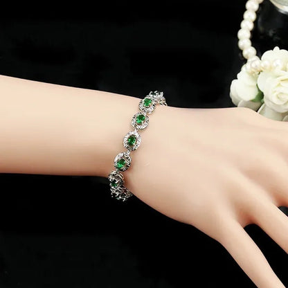 CANDICE Silver Plated Link Chain Bracelets Round Green Crystal Fashion Jewelry For Lady（Extended Clasp）