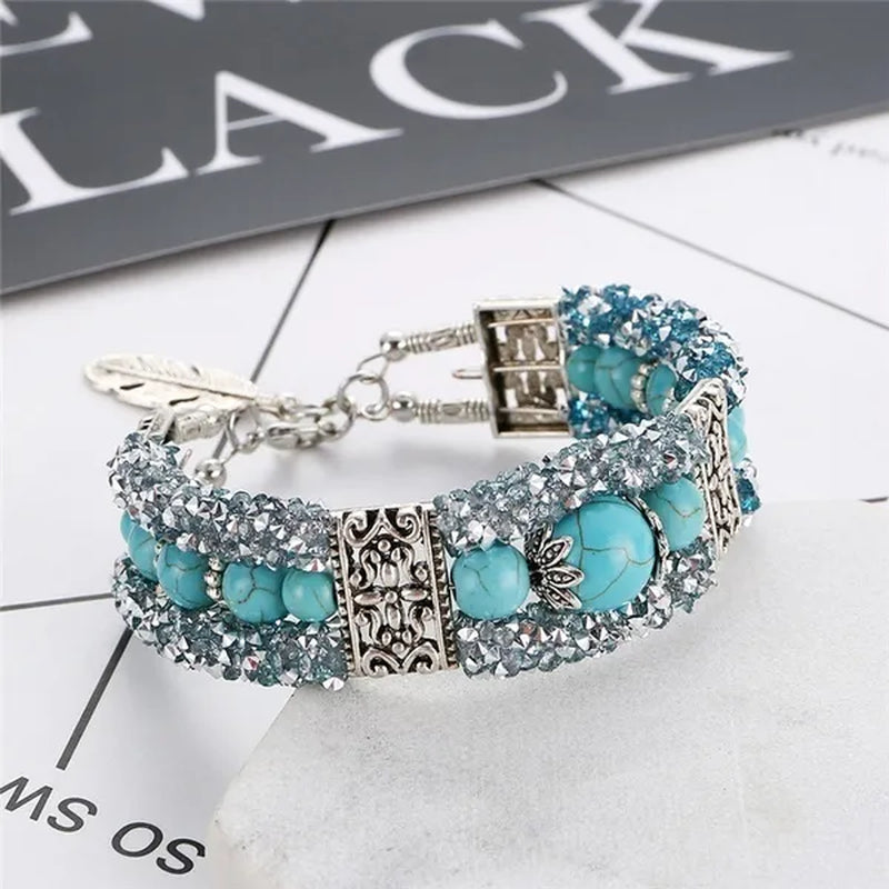 Vintage Tibetan Silver Feather Turquoise Beads Bracelet Bangle Crystal Diamond Turquoise Bangle Women Jewelry Gift