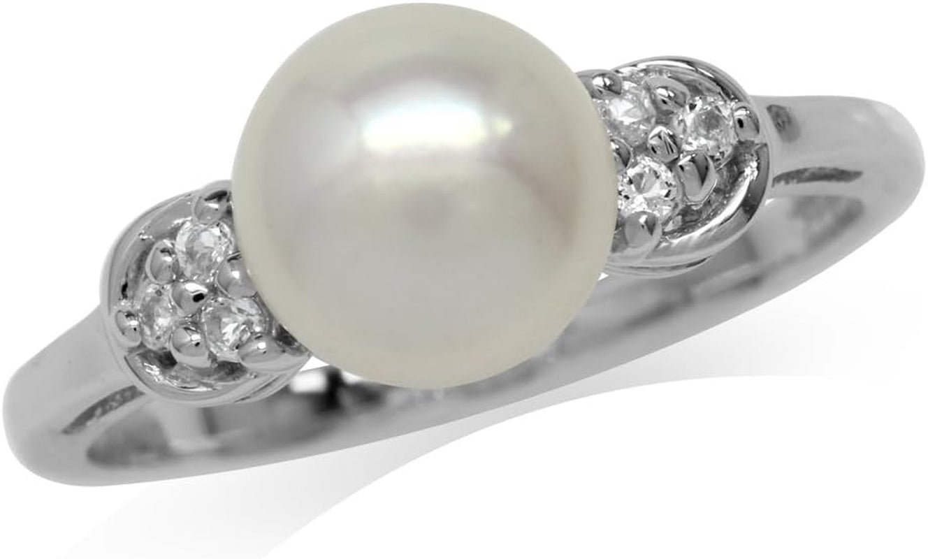 8Mm Cultured Freshwater Pearl White Gold Plated 925 Sterling Silver Ring