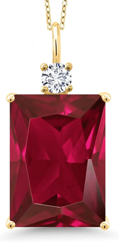 18K Yellow Gold Plated Silver Red Created Ruby and White Lab Grown Diamond Pendant Necklace for Women (20.27 Cttw, Emerald Cut 18X13MM, with 18 Inch Silver Chain)