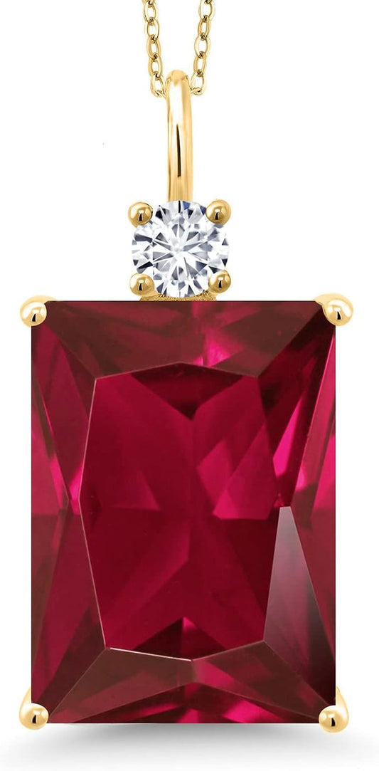 18K Yellow Gold Plated Silver Red Created Ruby and White Lab Grown Diamond Pendant Necklace for Women (20.27 Cttw, Emerald Cut 18X13MM, with 18 Inch Silver Chain)