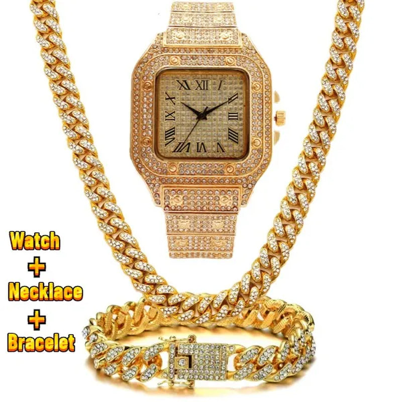 24K Gold / 925 Silver / Rose Gold Stainless Steel Hip Hop Jewelry Iced Out Diamond Thick Miami Cuban Link Chain Necklace Bracelet Watch for Men'S and Women'S Party Jewelry Set Nightclub Bar Fashion Accessories