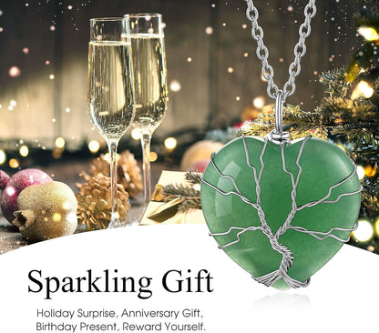 Tree of Life Wrapped Healing Crystal Necklaces 12 Month Birthstone Pendant for Women, Crescent/Heart Gemstone Jewelry, Vintage Birthday Gifts/Energy Gift