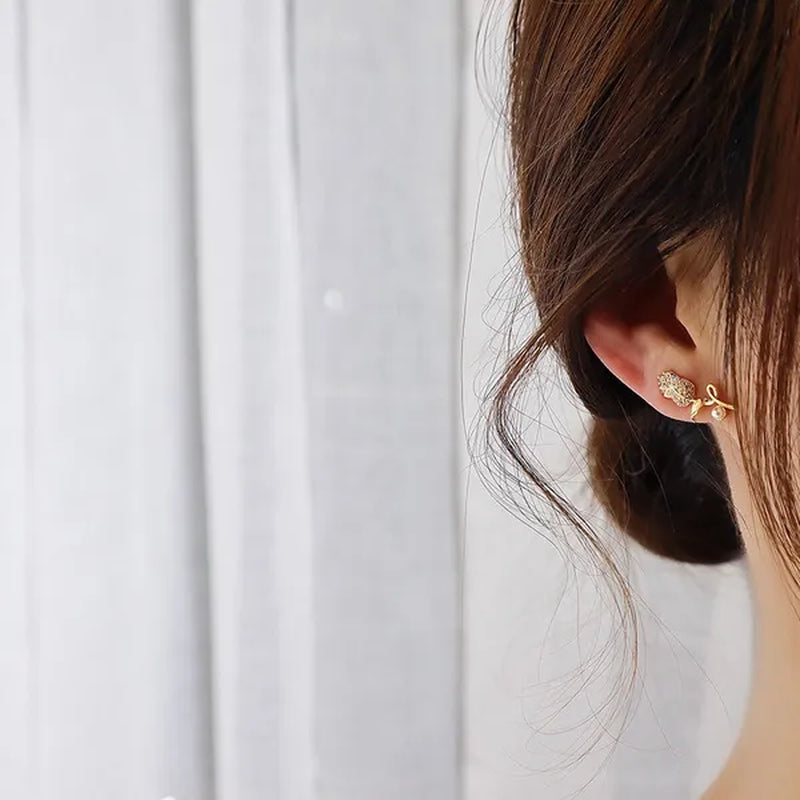 18K Gold Rose Flower Women'S Diamond Earrings Shiny Zircon Bohemian Stud Earrings Engagement Wedding Jewelry