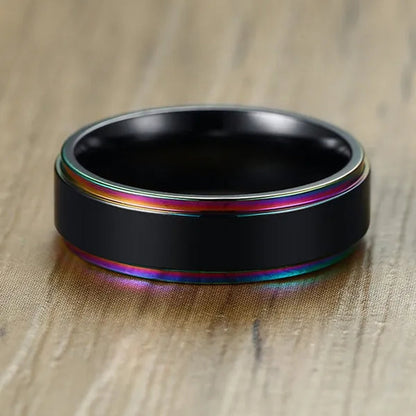6mm Wide Titanium Steel IP Black Plated Classics Ring With Rainbow Color Multicolor Edge For Gay & Lesbian Pride Jewelry Women Men Wedding Band