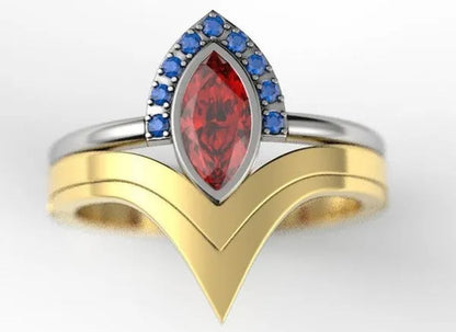 2Pcs/Set Latest Geek Love Quality Bride Ring Set Jewelry Natural Rubyzircon V-Shaped Ring Set Geek Ring Set Wonderous Woman Ring Romantic Bride Wonderful Engagement Wedding Ring Set Anniversary Promise Ring Christmas Gift Jewelry Size US5-11