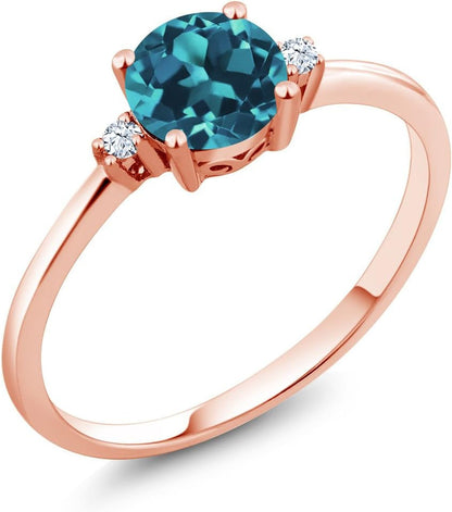 10K Rose Gold London Blue Topaz and White Created Sapphire Solitaire Engagement Ring for Women (0.78 Cttw, round 6MM, Gemstone November Birthstone, Available in Size 5,6,7,8,9)