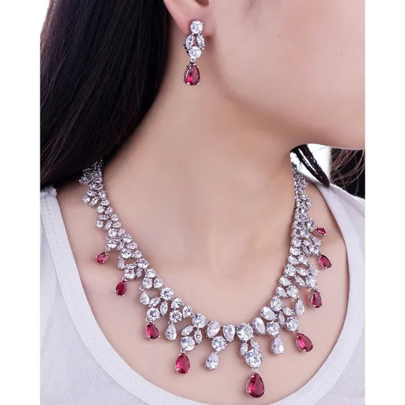 CANDICE Gorgeous Multi Cut CZ Stone Water Drop Tassel Necklace Earrings Set High Quality White Gold Plated Costume Jewelry Sets for Wedding Prom