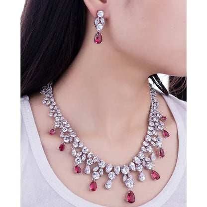 CANDICE Gorgeous Multi Cut CZ Stone Water Drop Tassel Necklace Earrings Set High Quality White Gold Plated Costume Jewelry Sets for Wedding Prom