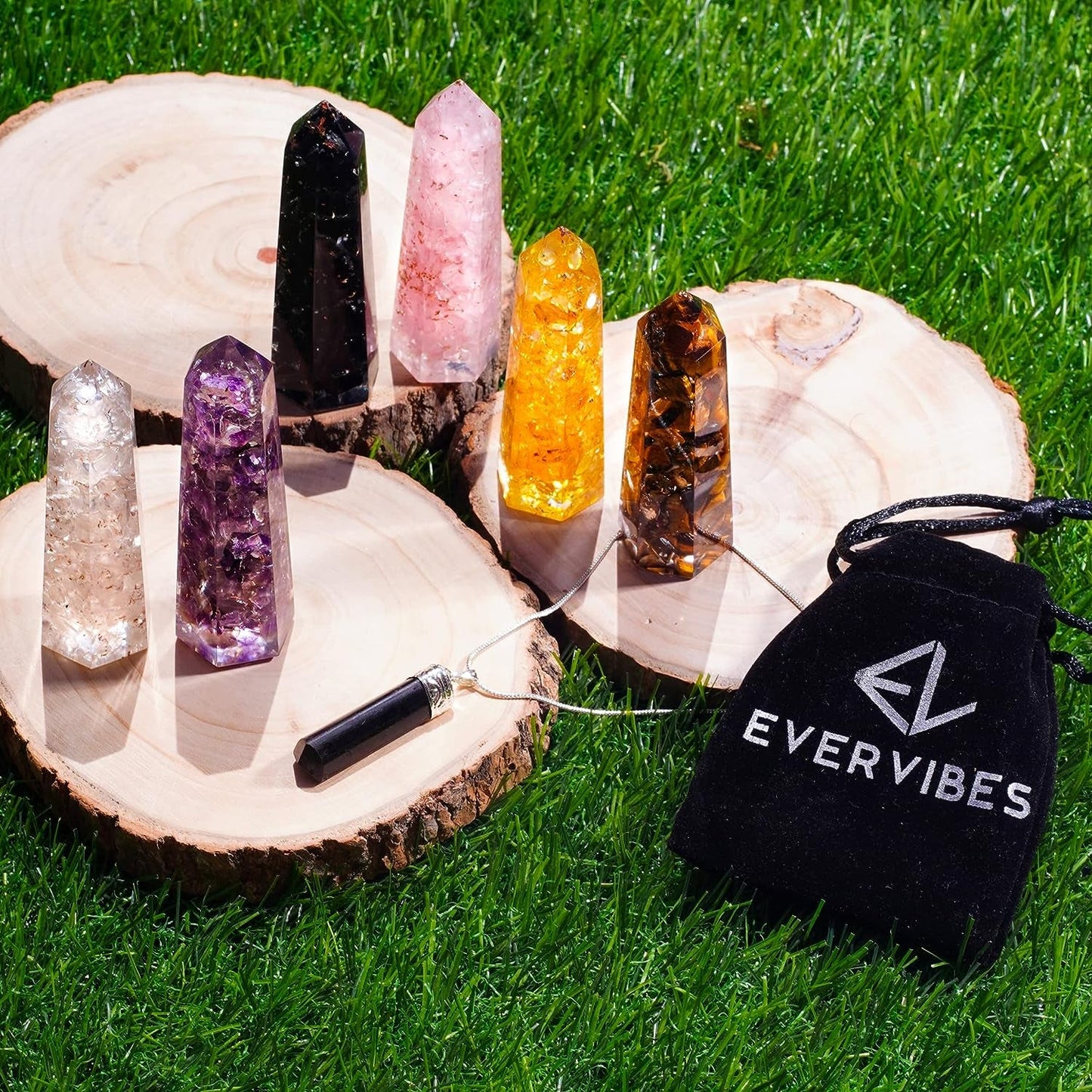 Healing Crystal Wand Set of 6 Orgonite – Includes 3” Amethyst Crystal, Tigers Eye, Rose Quartz, Black Tourmaline Stone, Citrine and Clear Quartz Orgone Crystal plus Black Tourmaline Necklace