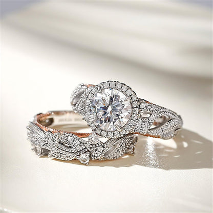 4 Carat Openwork Ring Sets for Women 925 Sterling Silver Wedding Sets Rose Gold round Cut Halo Engagement Ring White Diamond Band CZ Solitaire Anniversary Promise Rings