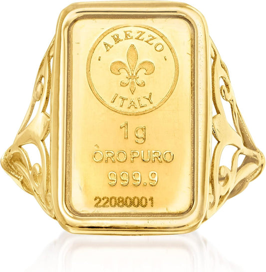 Italian 24Kt Yellow Gold Fleur-De-Lis 1-Gram Ingot Ring with 14Kt Yellow Gold Band. Size 5