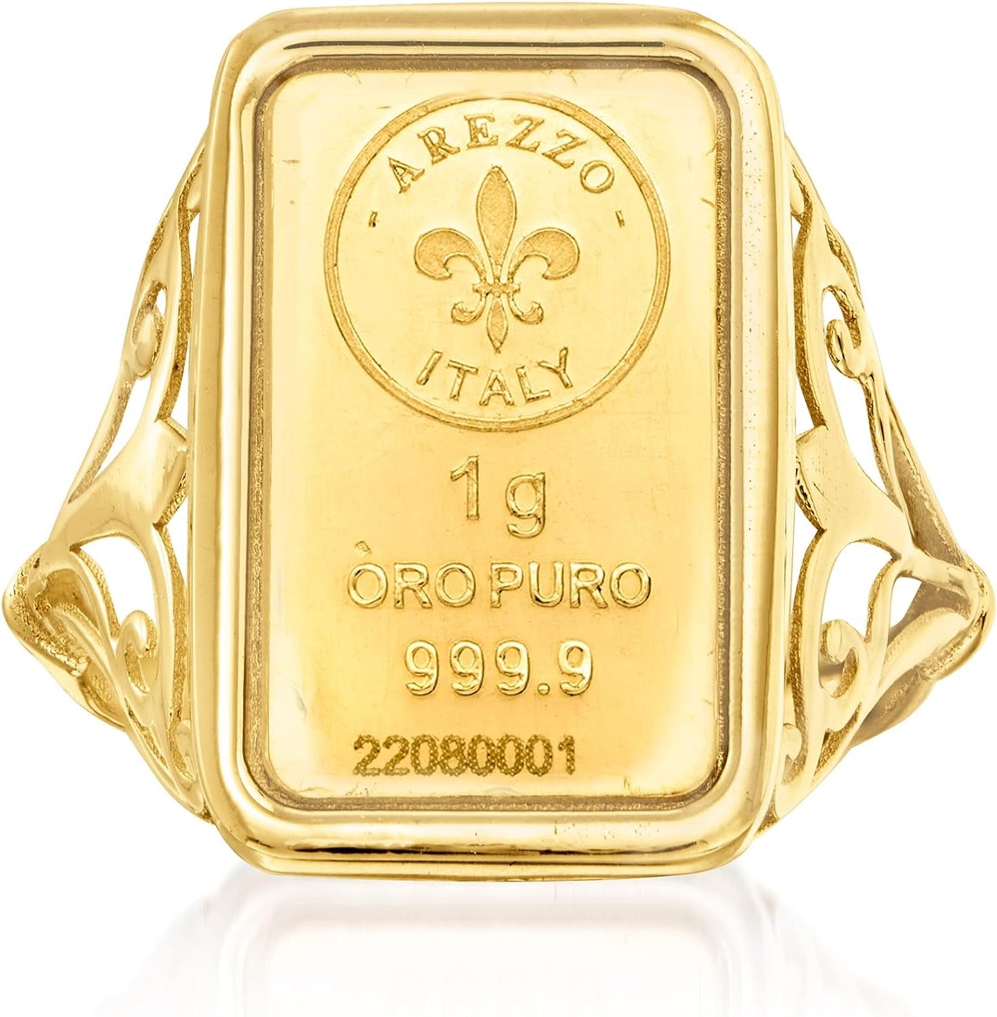 Italian 24Kt Yellow Gold Fleur-De-Lis 1-Gram Ingot Ring with 14Kt Yellow Gold Band