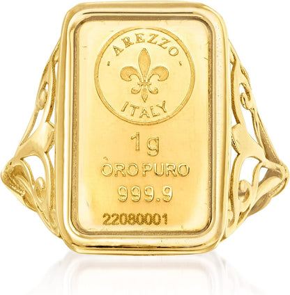 Italian 24Kt Yellow Gold Fleur-De-Lis 1-Gram Ingot Ring with 14Kt Yellow Gold Band